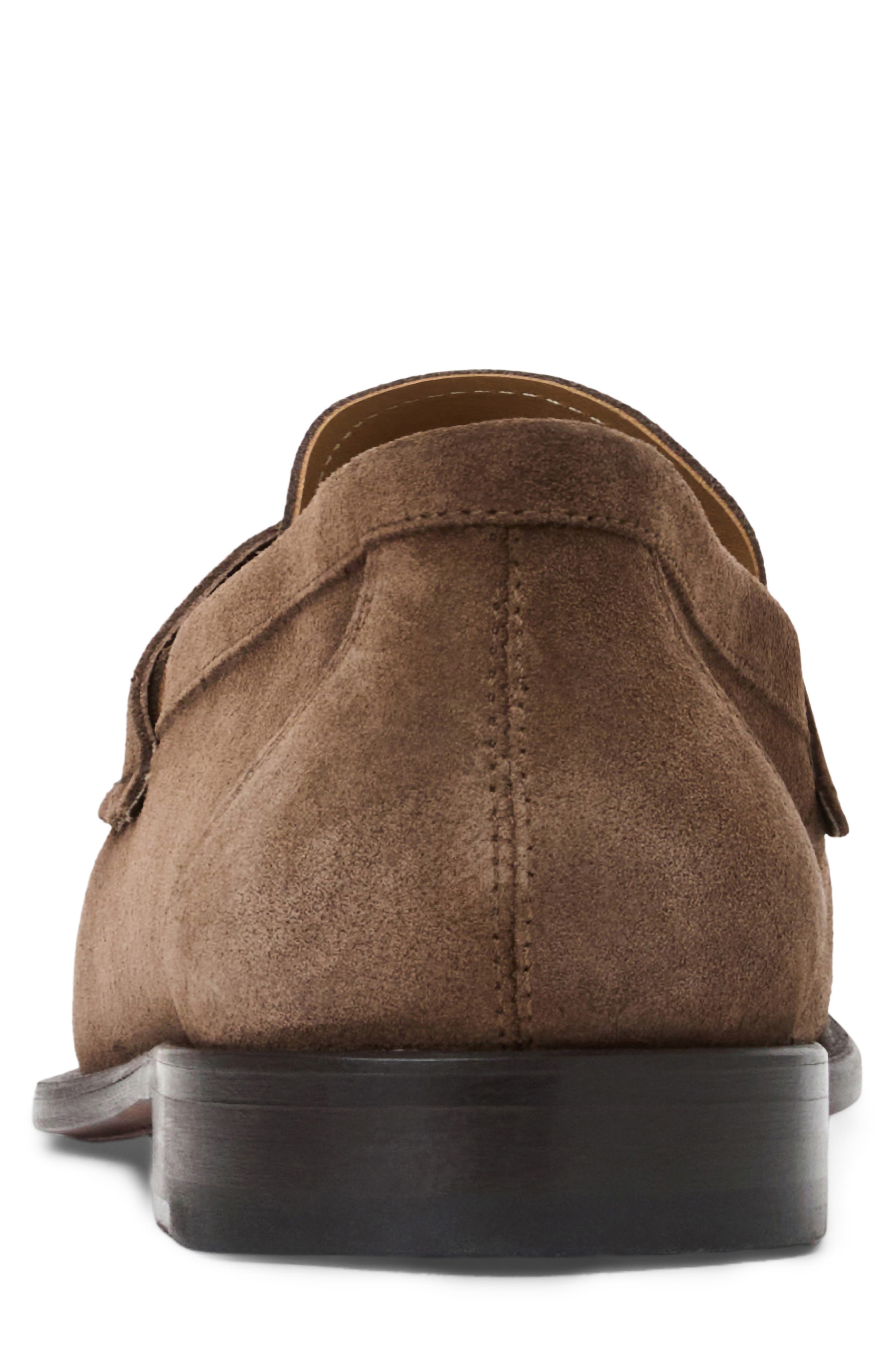 Lombardo Wrapped Moc Toe Penny Loafer, Alternate, color, BROWN SUEDE