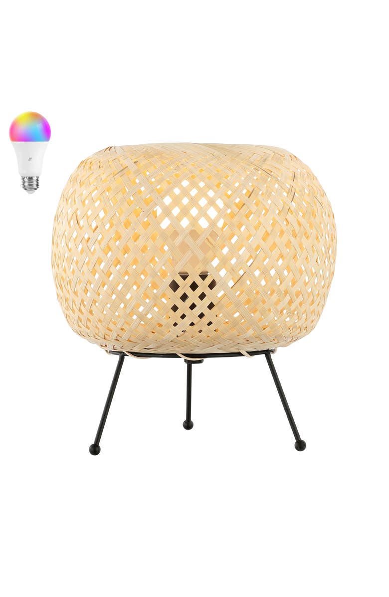 JONATHAN Y Palma Bohemian Rustic Iron/Rattan LED Mini Table Lamp with Smart Bulb, Main, color, Light Brown/Black