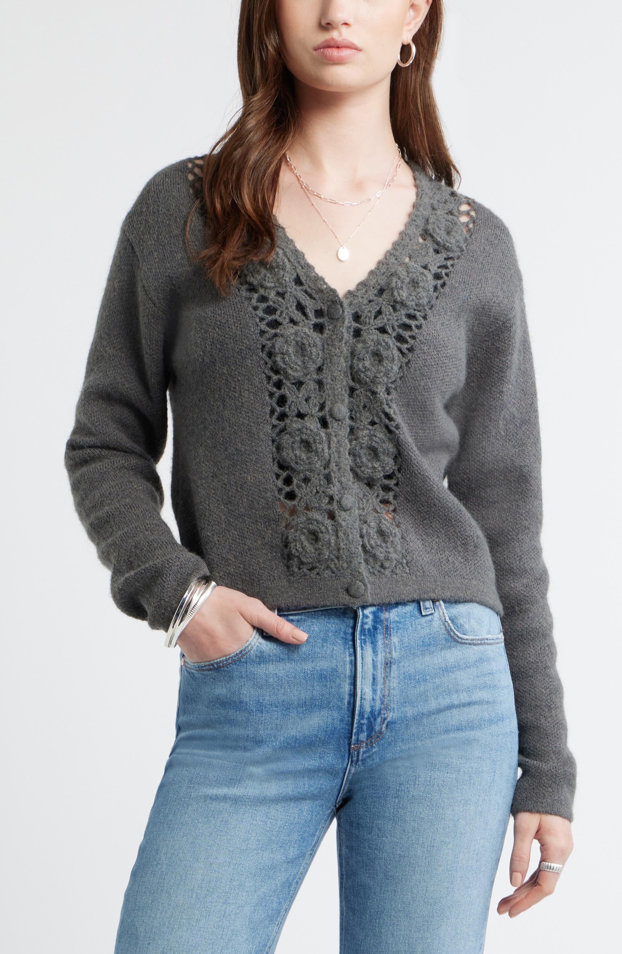 美品 a ccordion trimming cardigan ニット Floral Trim Cardigan (Women) | Nordstrom
