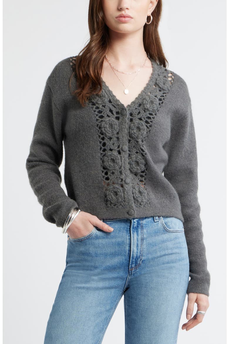 Floral Trim Cardigan, Main, color, GREY MED CHAR HTHR