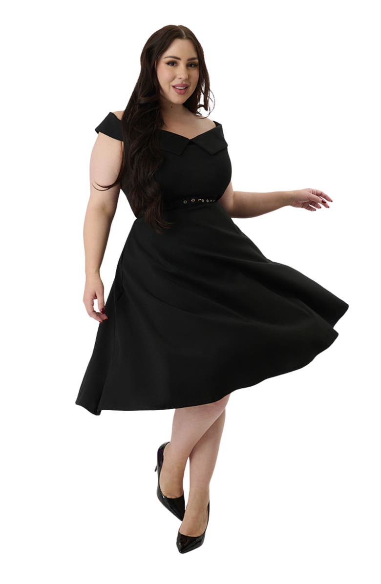 Unique Vintage Plus Size Off the Shoulder Swing Dress, Main, color, Black