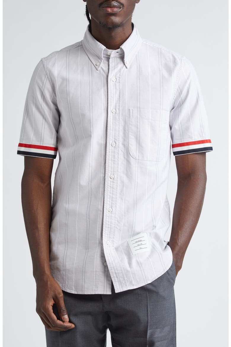 THOM BROWNE ストライプシャツ Thom Browne Straight Fit Stripe Short Sleeve Cotton Button-Down