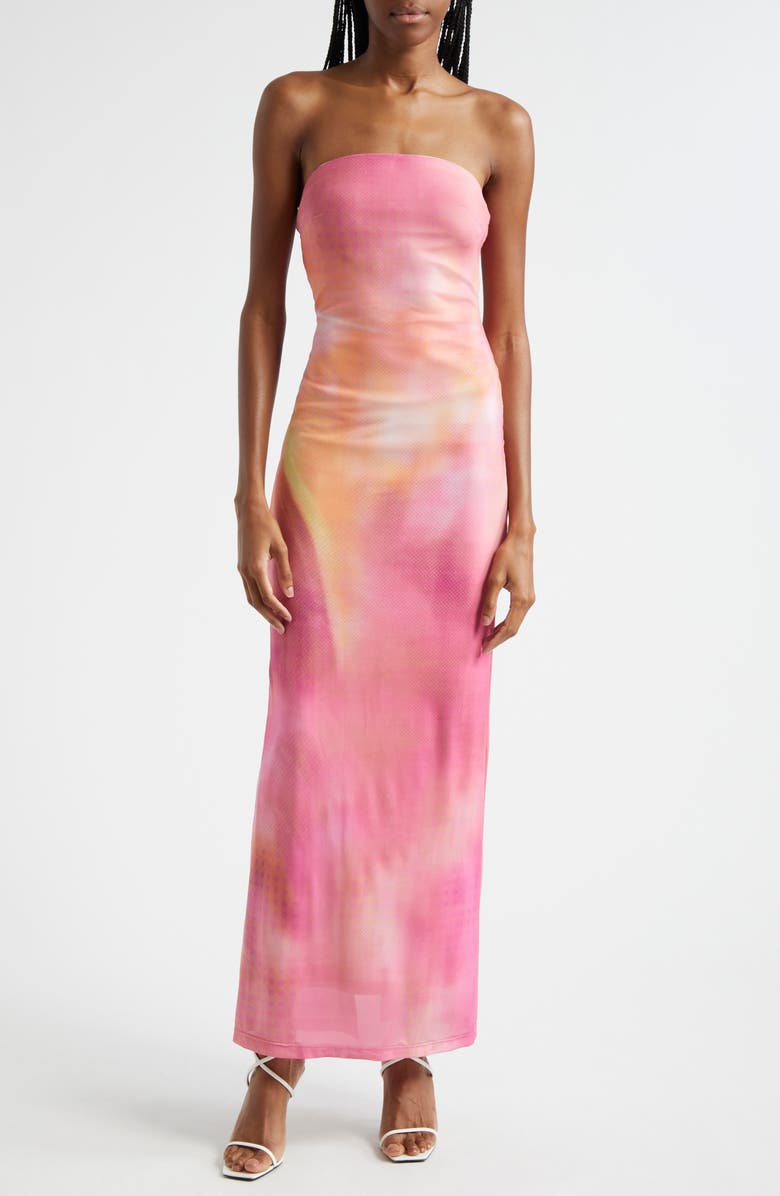 Rare London Tie Dye Strapless Mesh Gown, Main, color, 