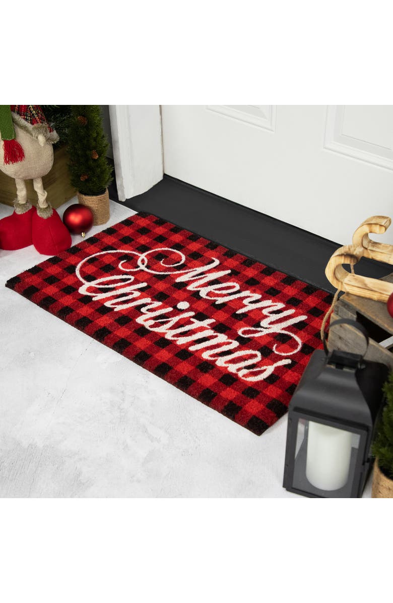 Northlight Red and Black Plaid "Merry Christmas" Natural Coir Christmas Outdoor Doormat 18" x 30", Alternate, color, 