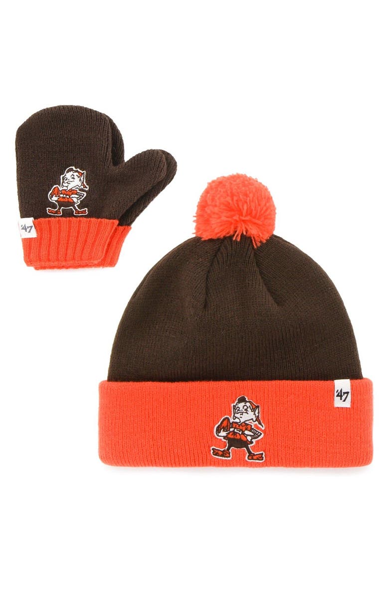 '47 Toddler '47 Brown/Orange Cleveland Browns Bam Bam Cuffed Knit Hat with Pom and Mittens Set, Main, color, Brown