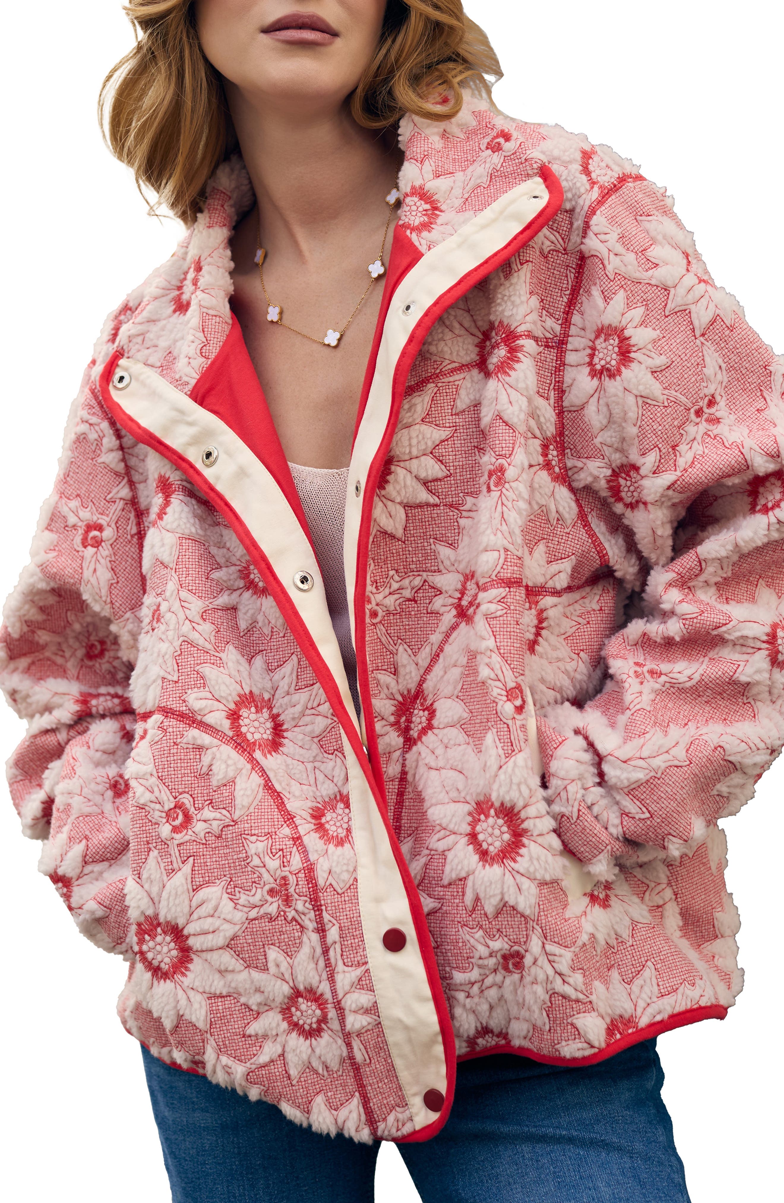 SAACHI Faux Shearling Floral Appliqué Jacket