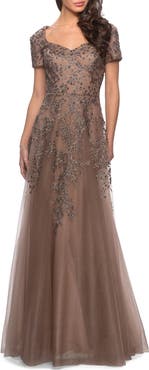 La Femme A-line Lace and Tulle Evening Dress with Beading