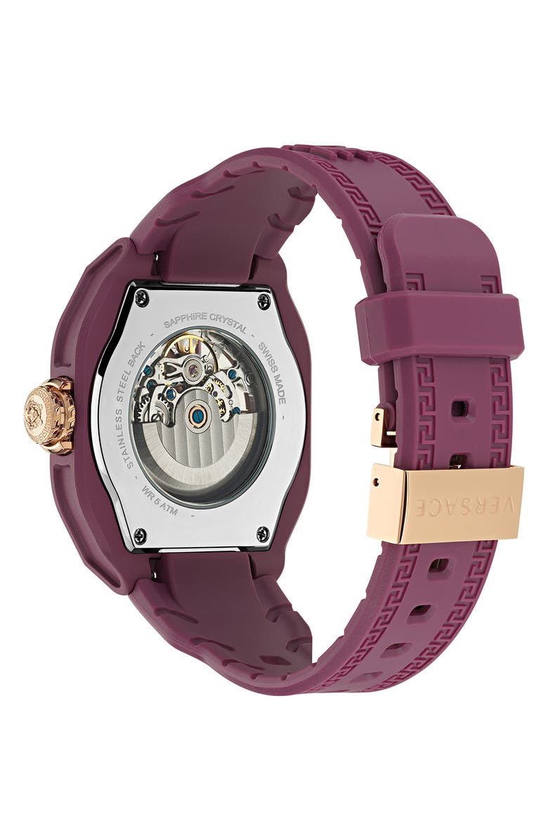 Versace V-Legend Skeleton Recycled Polyurethane Strap Watch, 42mm, Alternate, color, Burgundy