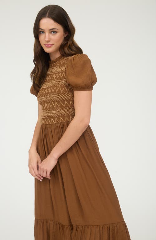 Blu Pepper Smocked Puffed Sleeve Midi Dress In Brown