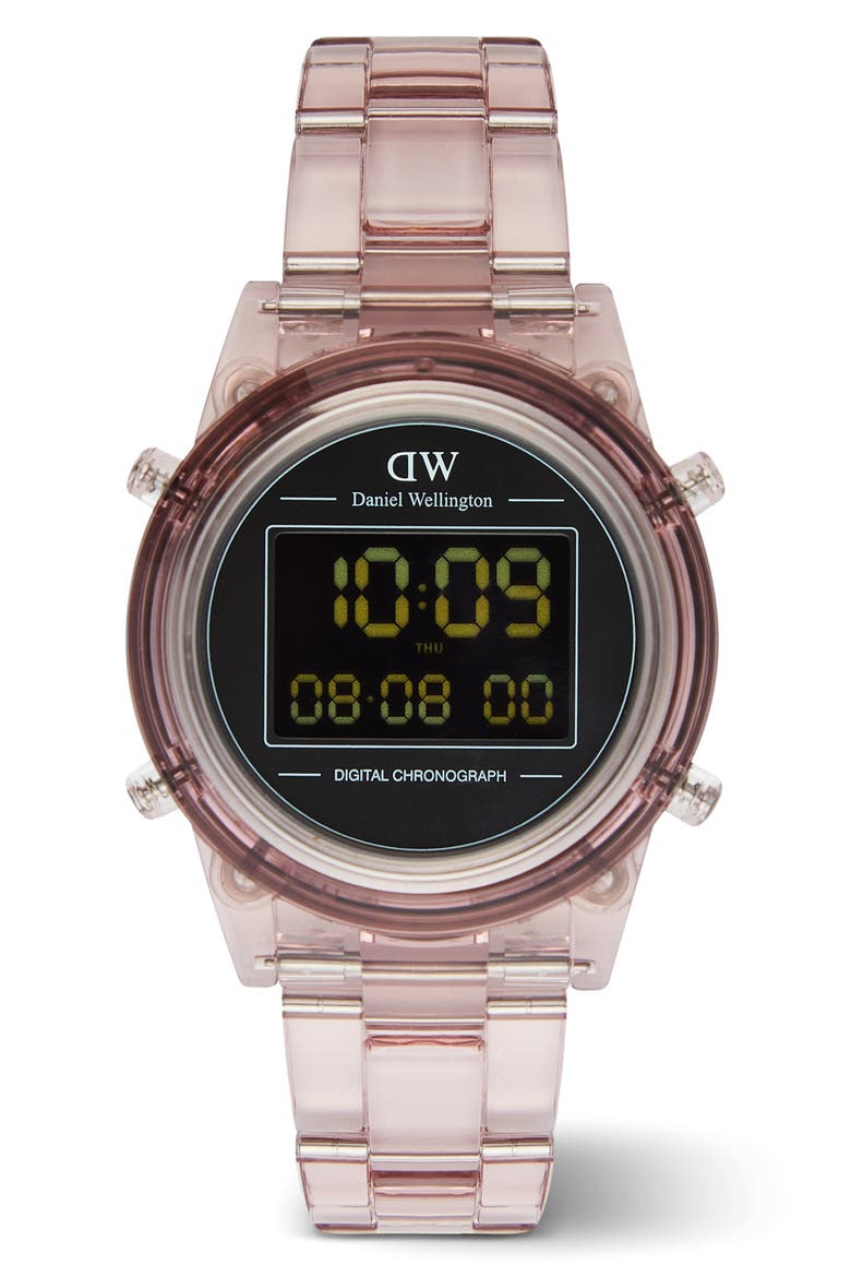 Retro Digital Bracelet Watch, 36mm, Main, color, TRANSPARENT ROSE PINK