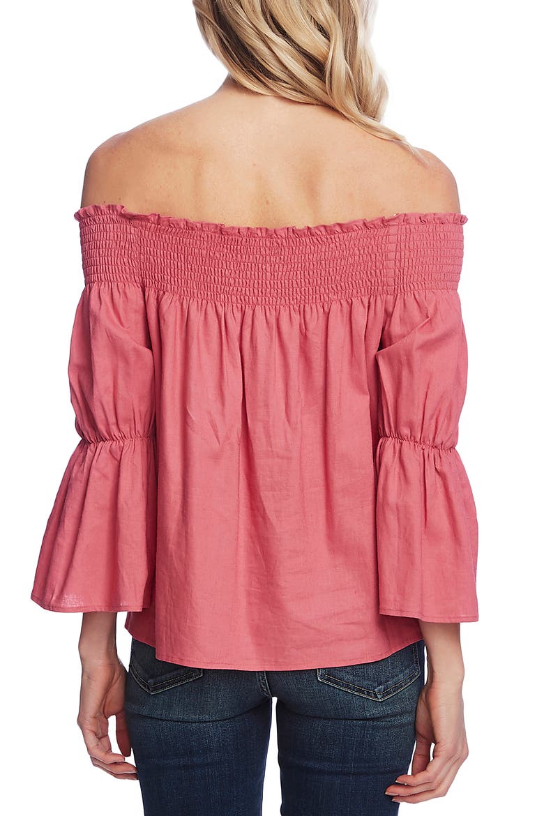 Off the Shoulder Bell Sleeve Linen Blend Blouse, Alternate, color, CORAL BLOSSM