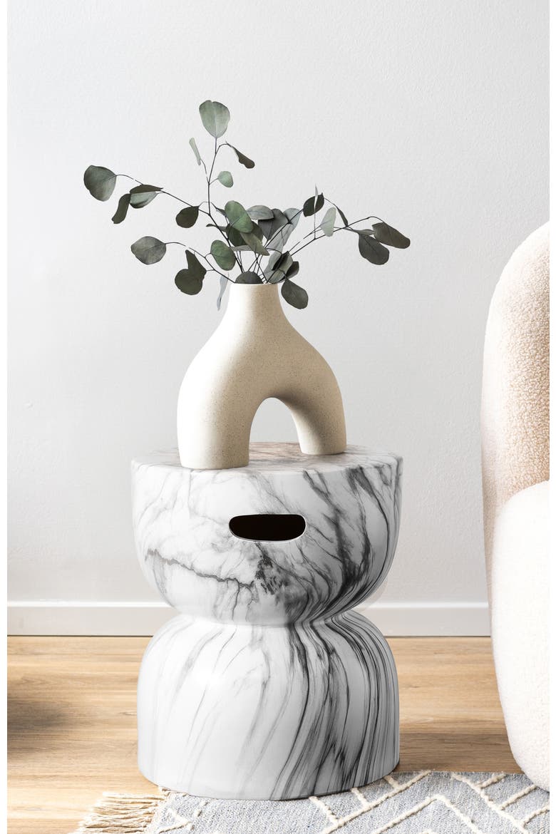 Zakhai Modern Faux Marble Ceramic Indoor/Outdoor Garden Stool, Hourglass Patio Accent Side Table with Built-in Handles, Alternate, color, White/Gray