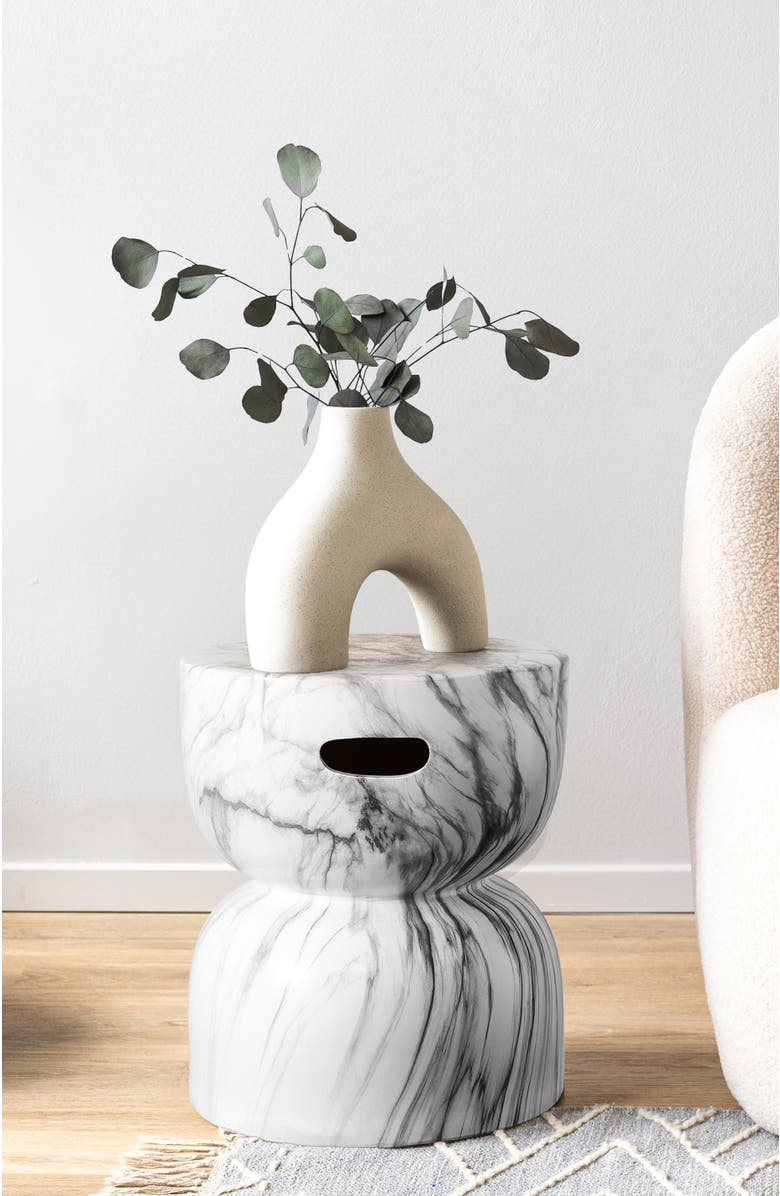 JONATHAN Y Zakhai 14.75" Contemporary Modern Marble Glaze Drum Indoor/Outdoor Garden Stool, Alternate, color, White/Gray
