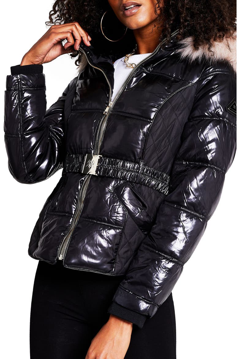 Hooded Puffer Jacket with Faux Fur Trim, Main, color, BLACK