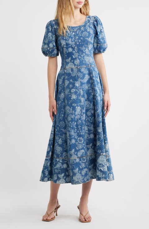 Charlie Floral Printed Denim Midi Dress