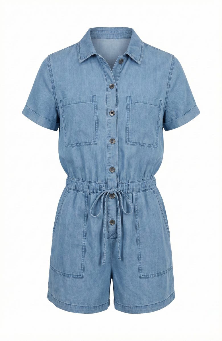 Modenaire Utility Button-Up Denim Romper with Pockets and Drawstring Waist, Alternate, color, Denim Blue