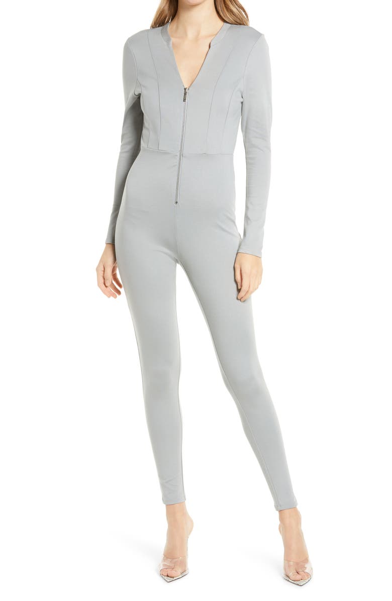 bebe Knit Zip-Up Long Sleeve Catsuit, Main, color,