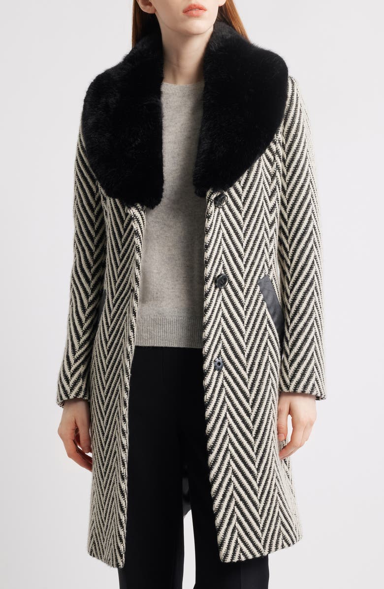 Via Spiga Herringbone Coat with Faux Fur Collar, Alternate, color, Jumbo Herringbone