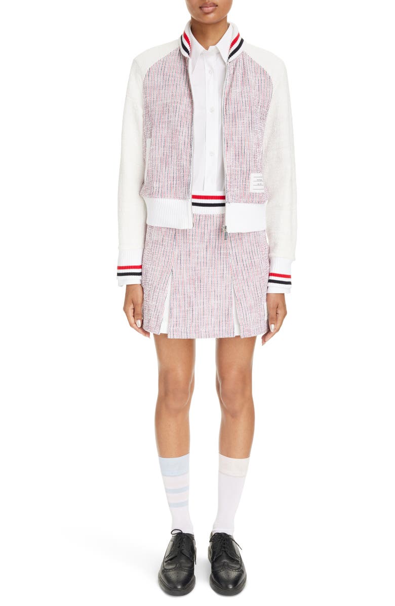 Thom Browne Box Pleat Tweed Miniskirt, Alternate, color, Red/ Blue/ White