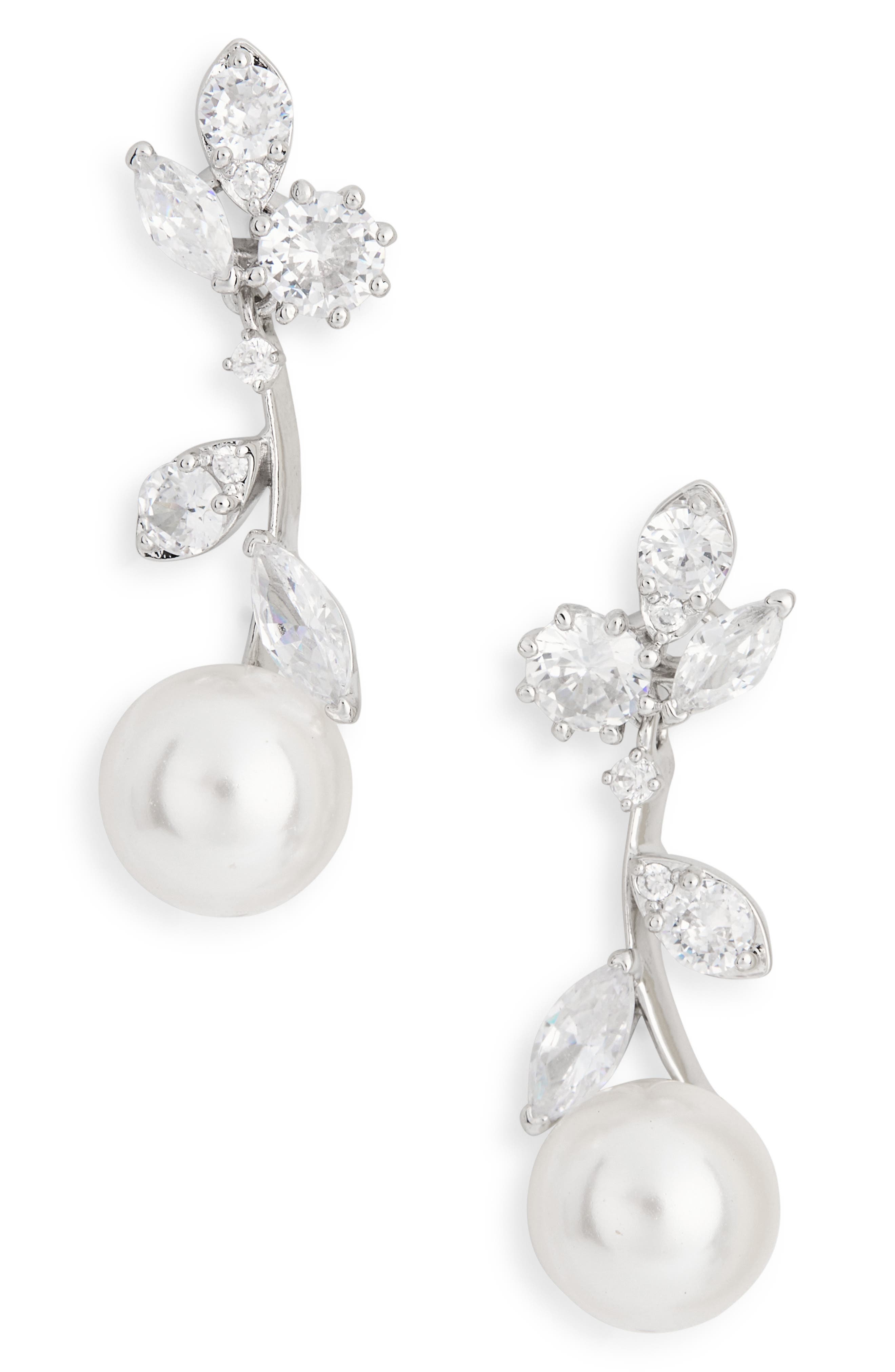 Baby's Breath Vine Cubic Zirconia & Faux Pearl Linear Drop Earrings