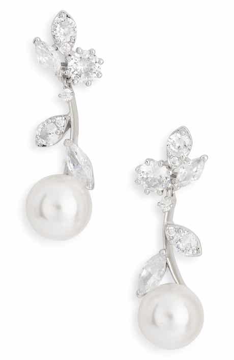 Baby's Breath Vine Cubic Zirconia & Faux Pearl Linear Drop Earrings