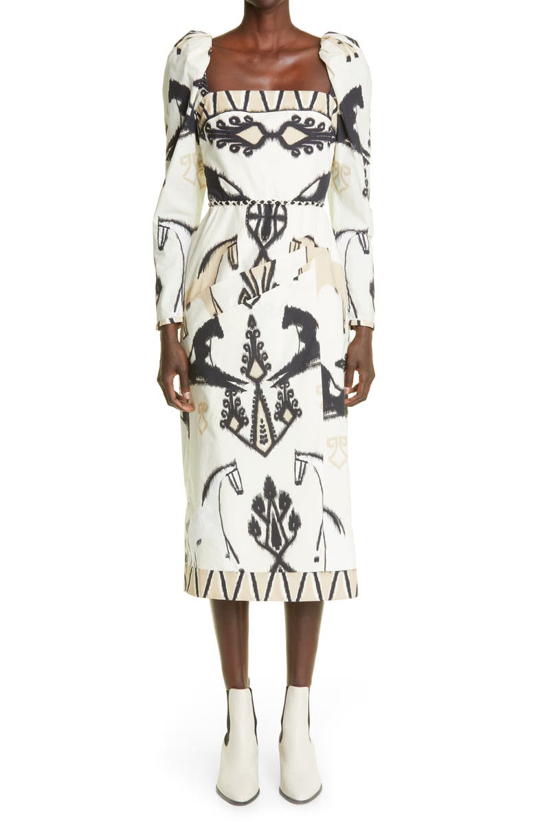 Johanna Ortiz Pena Blancas Long Sleeve Organic Cotton Poplin Midi Dress, Main, color,