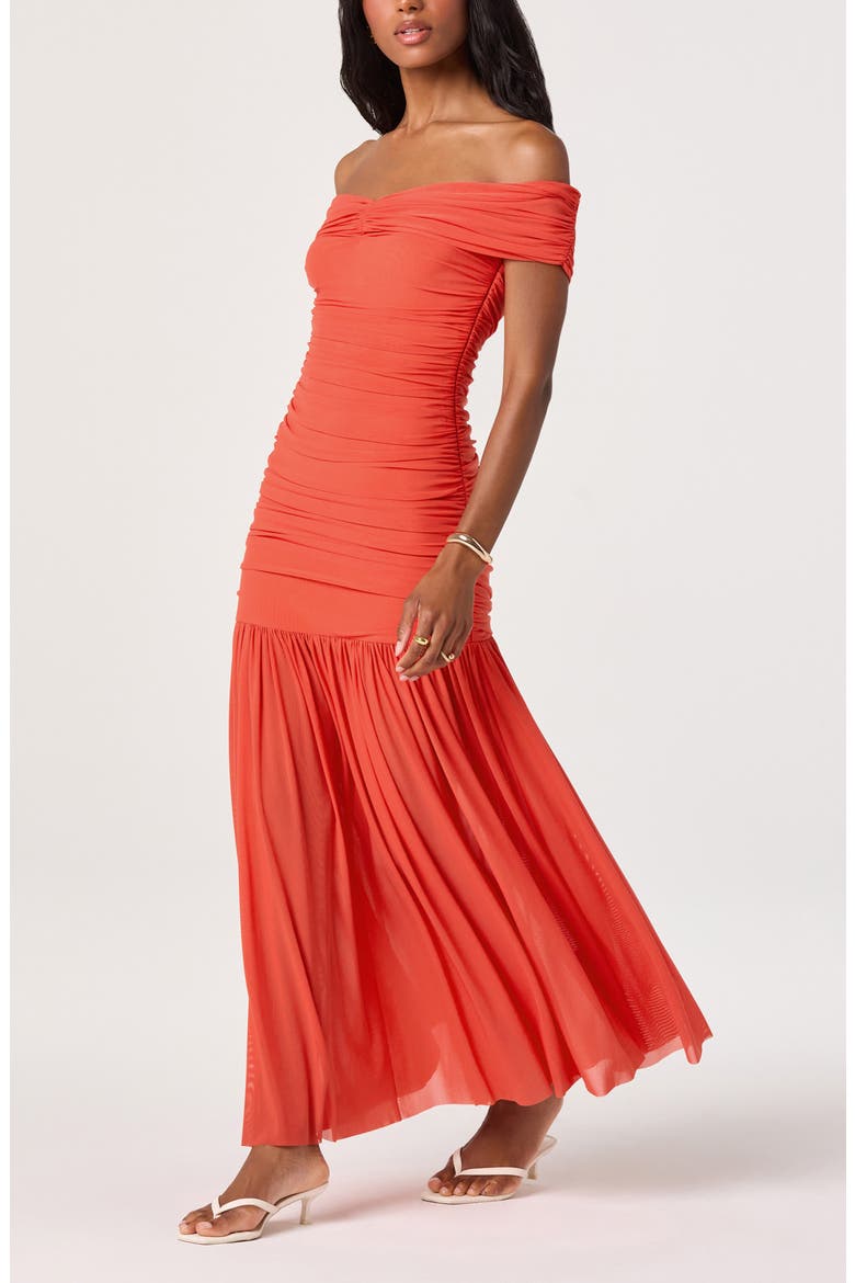 Andreanna Off the Shoulder Mesh Maxi Dress, Alternate, color, RED ORANGE