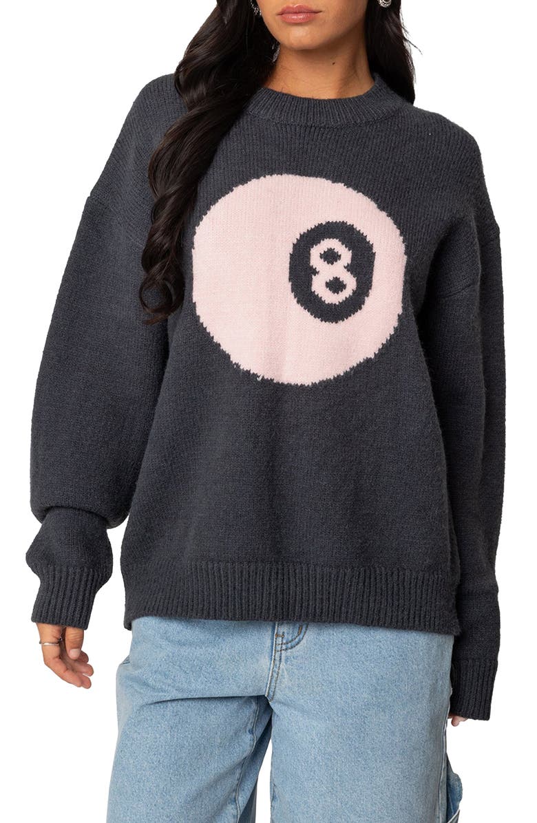 EDIKTED Magic 8-Ball Oversize Crewneck Sweater, Main, color, Dark-Gray