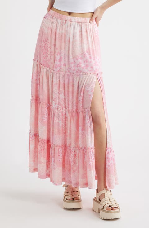 Tiered Linen Blend Crinkled Gauze Maxi Skirt