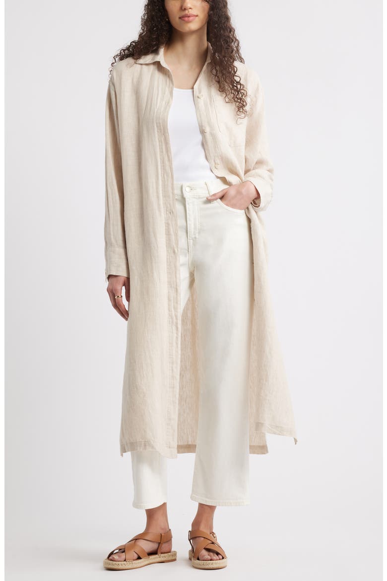 Long Sleeve Linen Button-Up Duster, Main, color, FLAX
