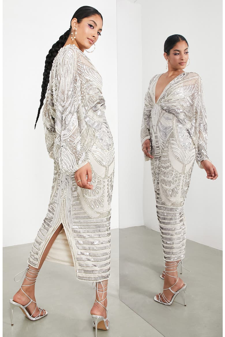 EDITION Sequin Long Sleeve Midi Dress, Alternate, color, WHITE