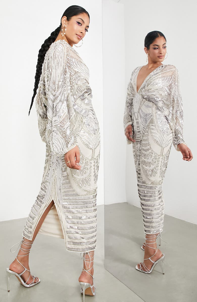 ASOS DESIGN EDITION Sequin Long Sleeve Midi Dress, Alternate, color,