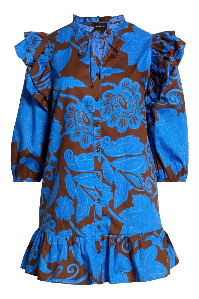 Ofelia Floral Sammy Ruffle Shift Dress, Alternate, color, BROWN-BLUES