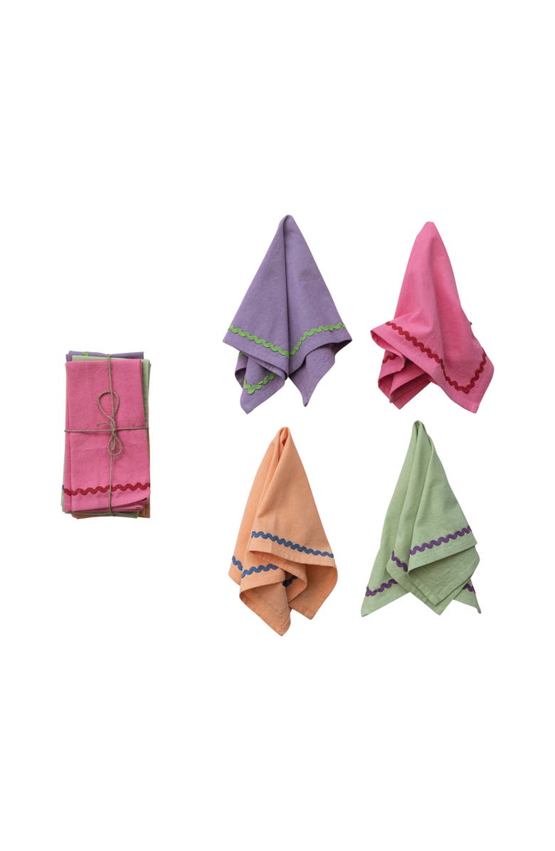 Storied Home 4-Piece Cotton Napkins with Ric Rac Trim, 4 Colors, Main, color, Pink