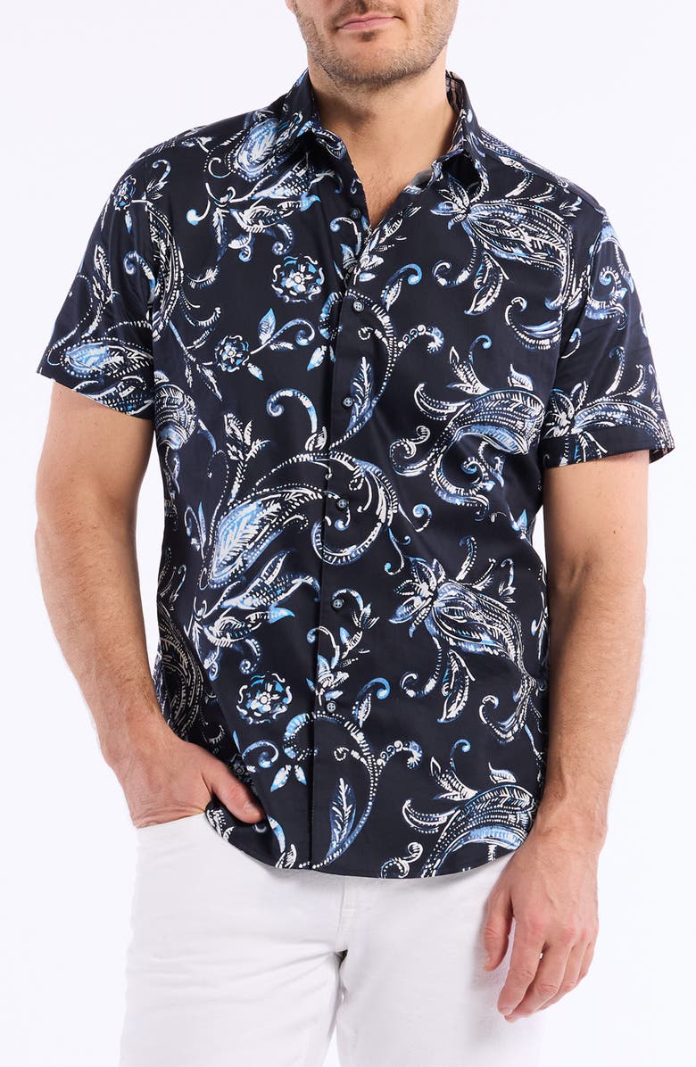 Robert Graham Floral Print Short Sleeve Cotton Button-Up Shirt, Main, color, Navy