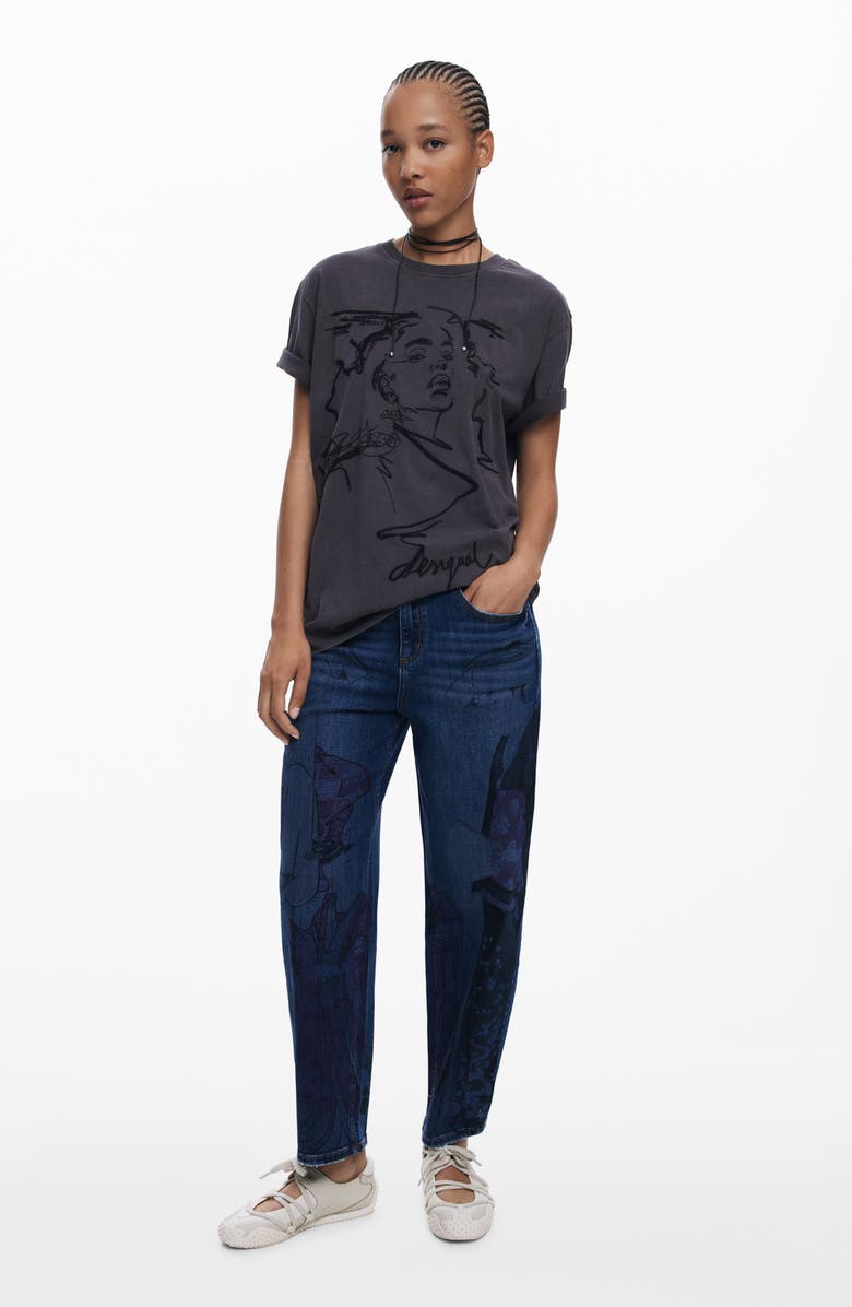 Desigual Embroidered Face Cotton T-Shirt, Alternate, color, Gray