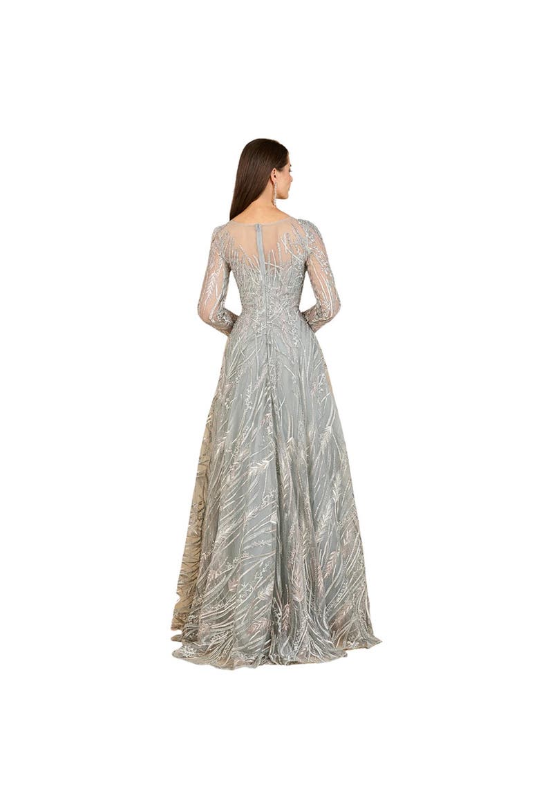 Long Sleeve Illusion Neck Gown, Alternate, color, SilverSage