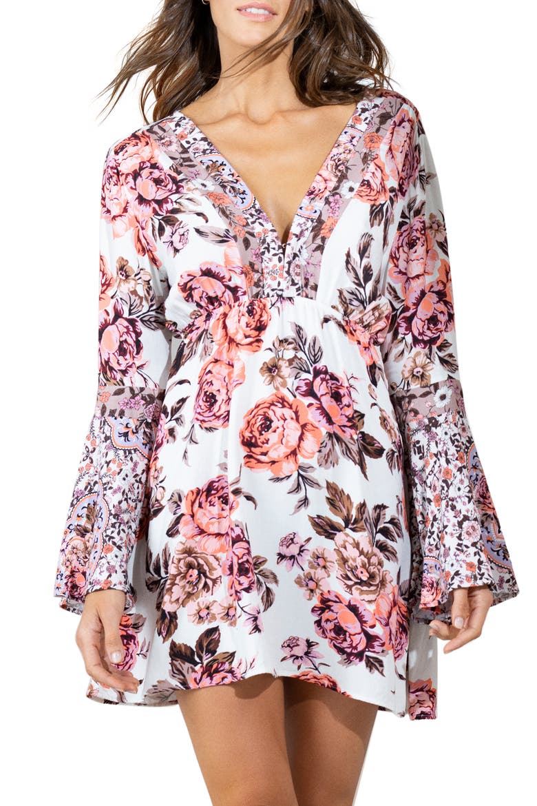Rose Maya Bell Sleeve Floral Cover-Up Dress, Main, color, PINK
