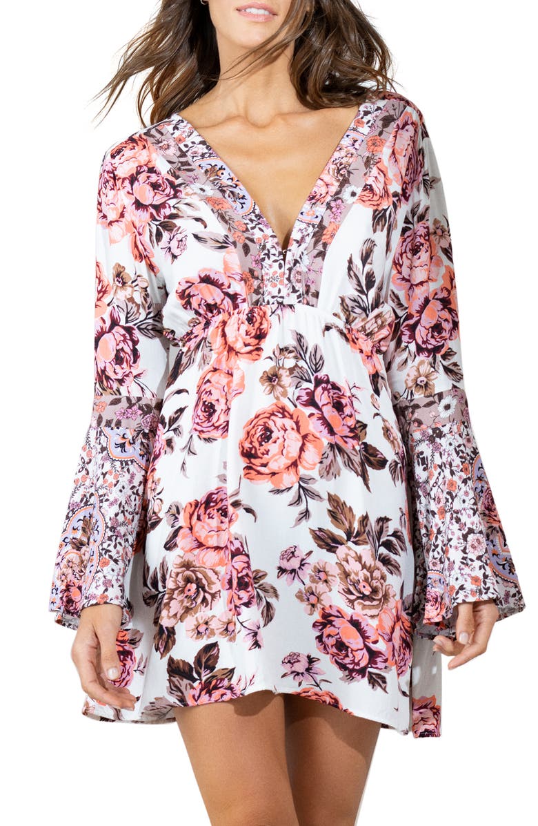 Maaji Rose Maya Bell Sleeve Floral Cover-Up Dress, Main, color,