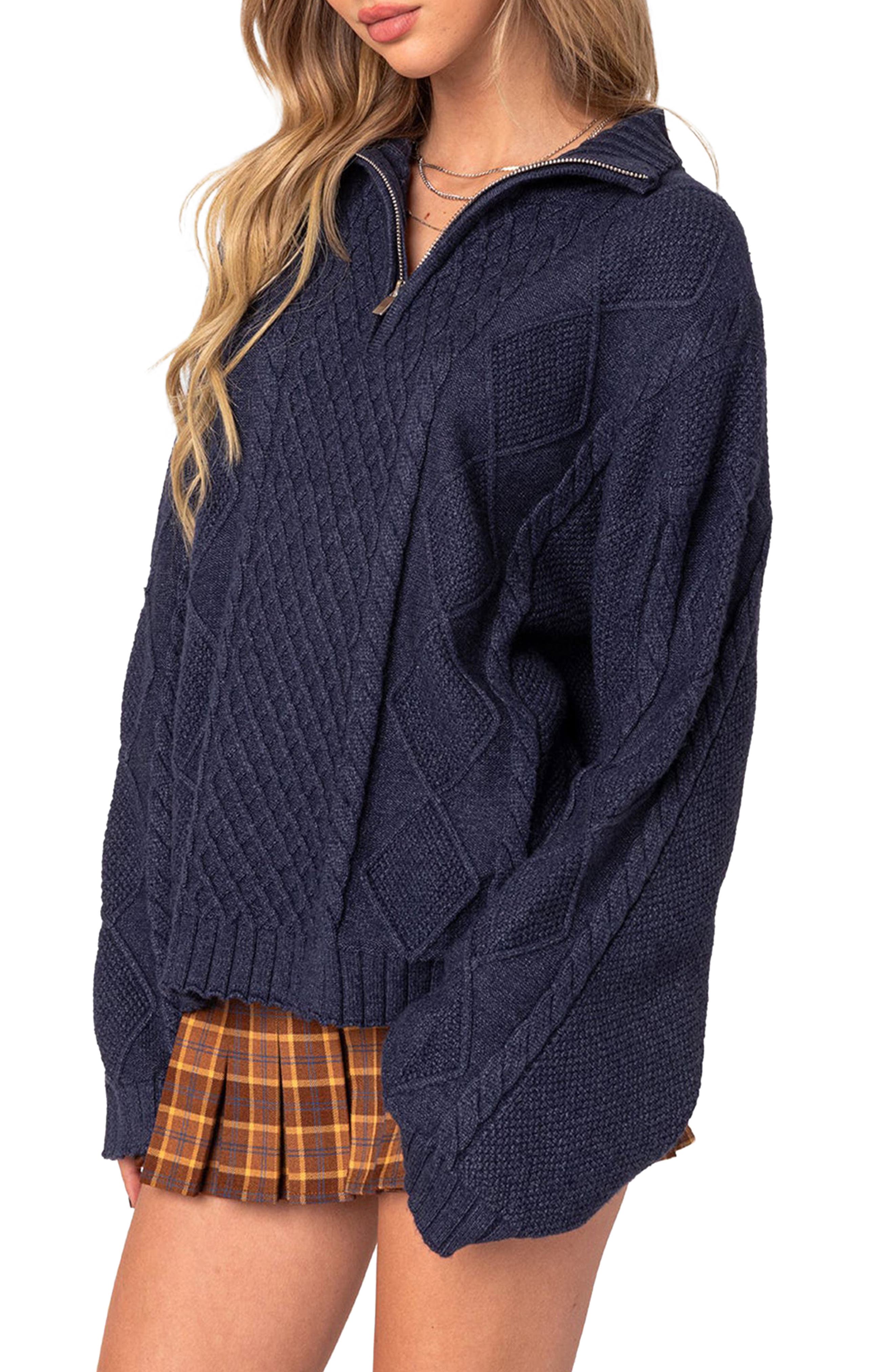 EDIKTED Oversize Cable Stitch Quarter Zip Sweater (Women) | Nordstrom