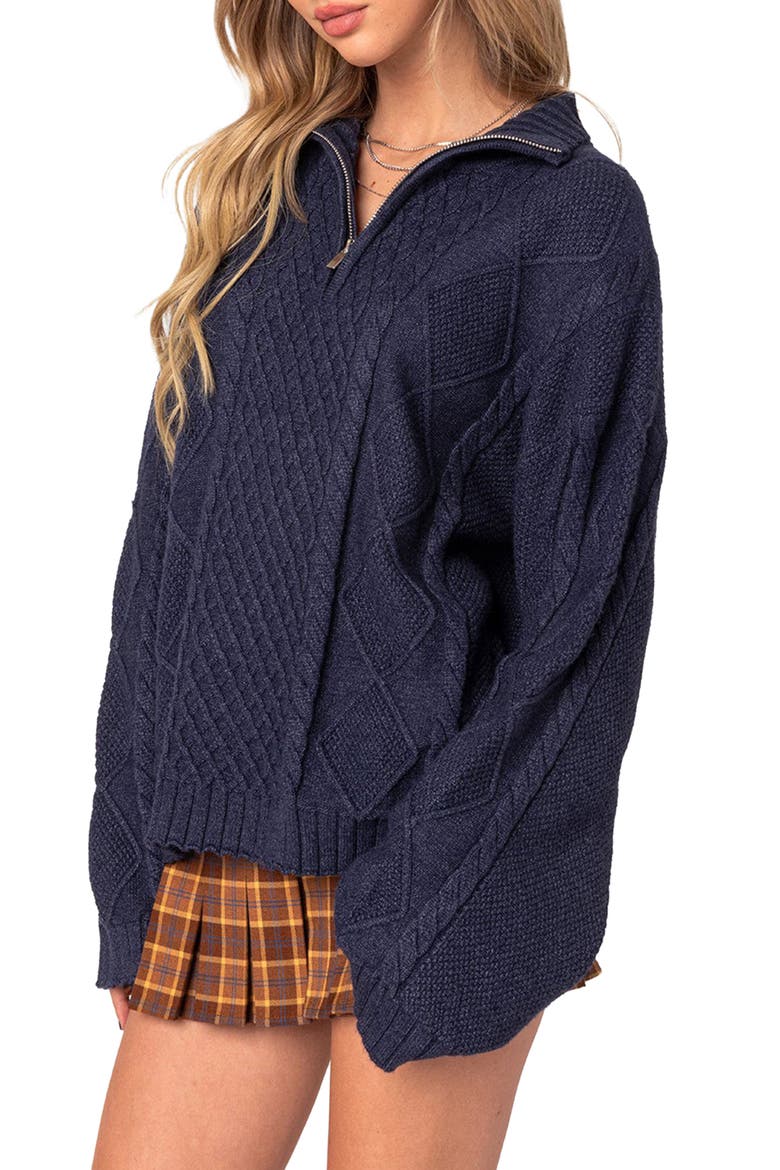 Oversize Cable Stitch Quarter Zip Sweater, Alternate, color, NAVY
