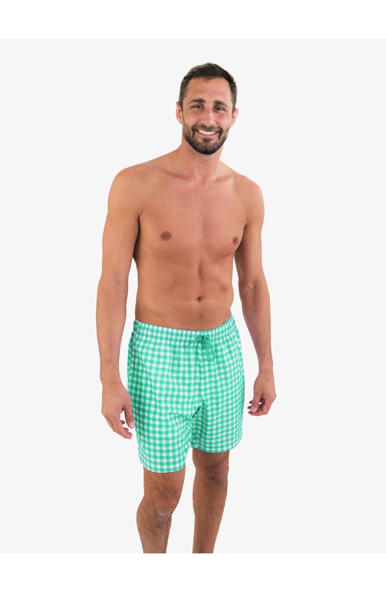 RuggedButts UPF50+ Sun Protected Men's Stretch Swim Trunks, Alternate, color, Spring Green Gingham