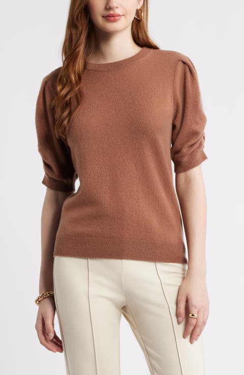 Ruched Short Sleeve Cashmere Sweater