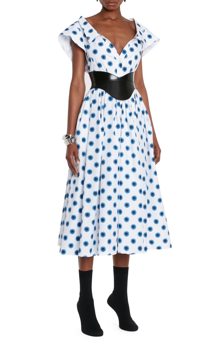 McQueen Iris Print Off the Shoulder Cotton Poplin Fit & Flare Midi Dress, Alternate, color, 