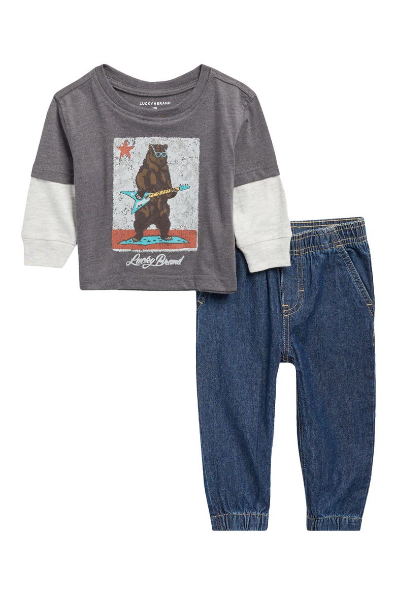 Long Sleeve Graphic T-Shirt & Denim Joggers Set, Main, color, BLUE MULTI