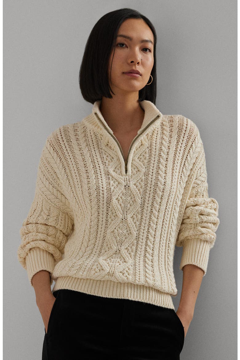 Fisherman Cotton Quarter Zip Sweater, Alternate, color, MASCARPONE CREAM