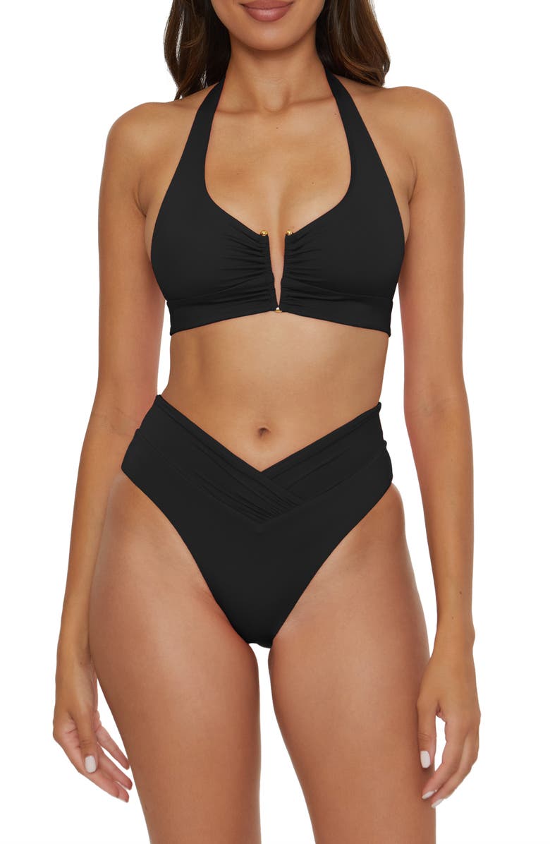 Becca Shirred V-Wire Halter Bikini Top, Alternate, color, Black