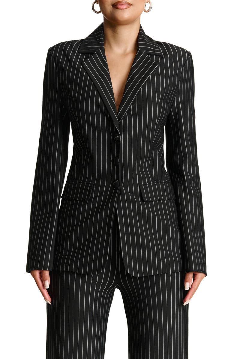 Naked Wardrobe Drama Shoulder Pinstripe Blazer, Main, color, Black
