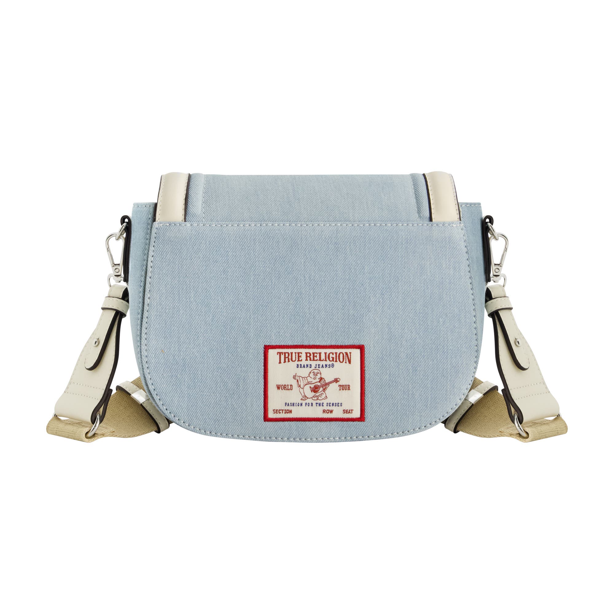 True Religion Distressed Logo Denim Saddle Bag, Alternate, color, Light Blue