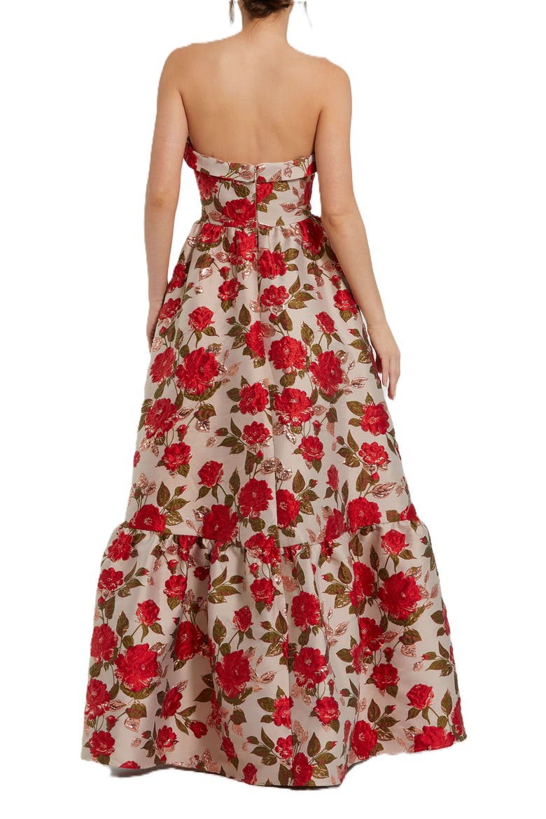 Brocade Strapless Floral Gown With Ruffle Hem, Alternate, color, White Multi